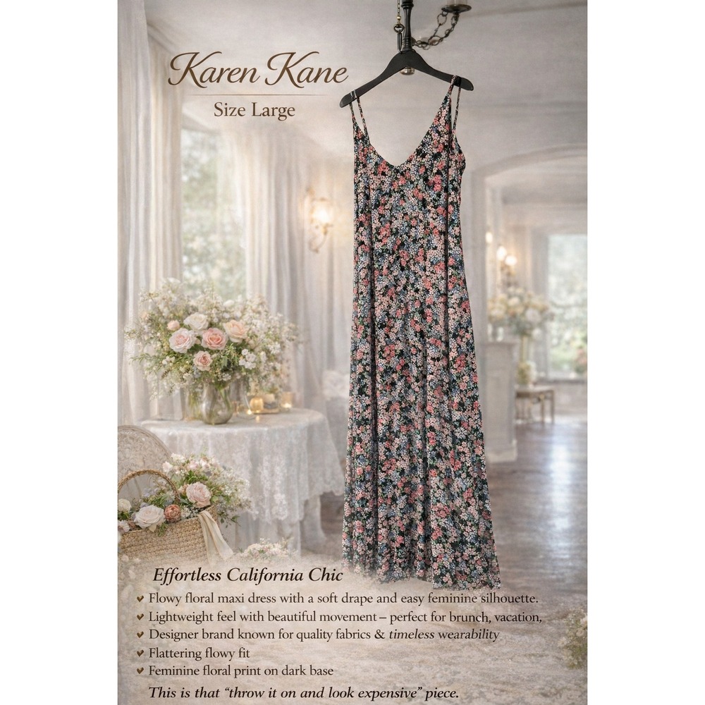 Karen Kane Womens Floral Maxi Dress Large Black Pink Blue Spaghetti Strap Slits